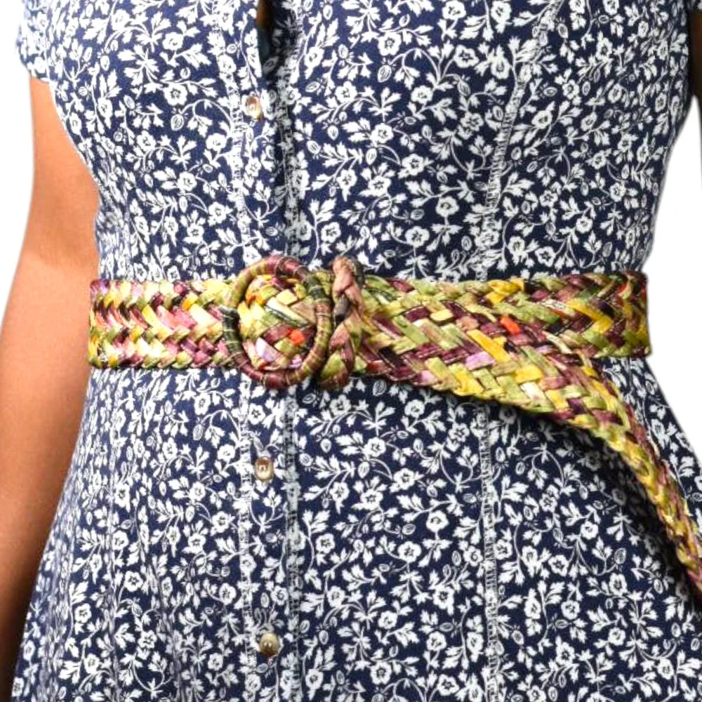 Rainbow Braided Belt Yellow Purple Silky Fabric Woven Large Circle Buckle Large